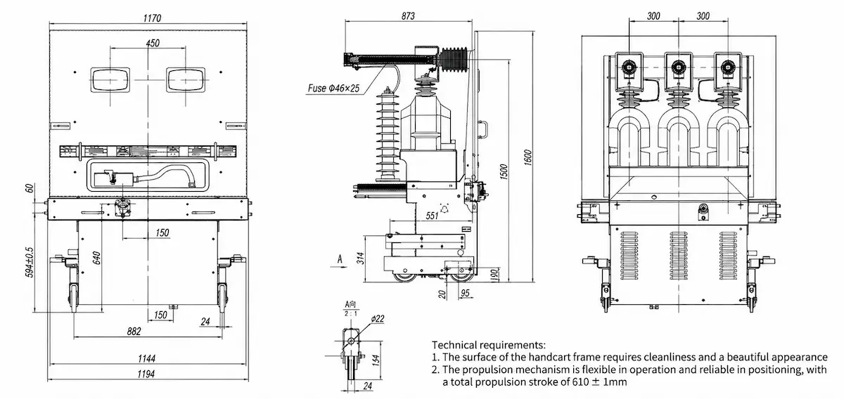 ZN85-40.5 PT Handcart for High Voltage Applications dimension