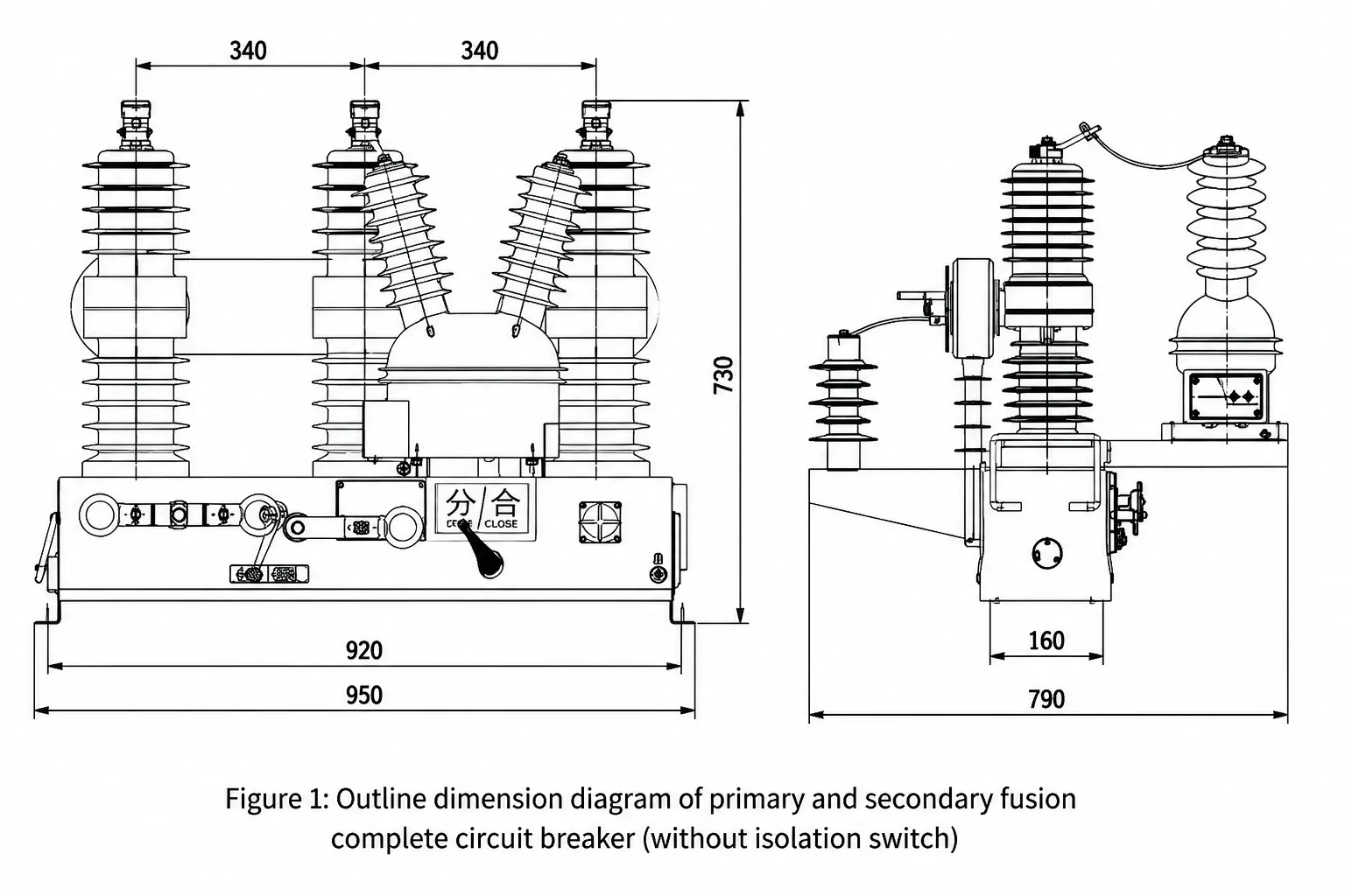 ZW32-12G Standardized Primary-Secondary Integrated Pole-Mounted Outdoor Vacuum Circuit Breaker dimension