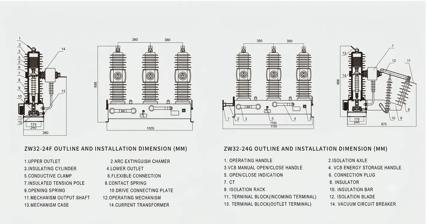 ZW32-24F Smart Outdoor Pole-Mounted Vacuum Circuit Breaker dimension