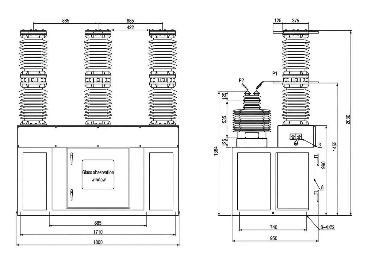 ZW7-40.5-1250A Outdoor Pole-Mounted Switch 35KV Smart HV Vacuum Breaker dimension