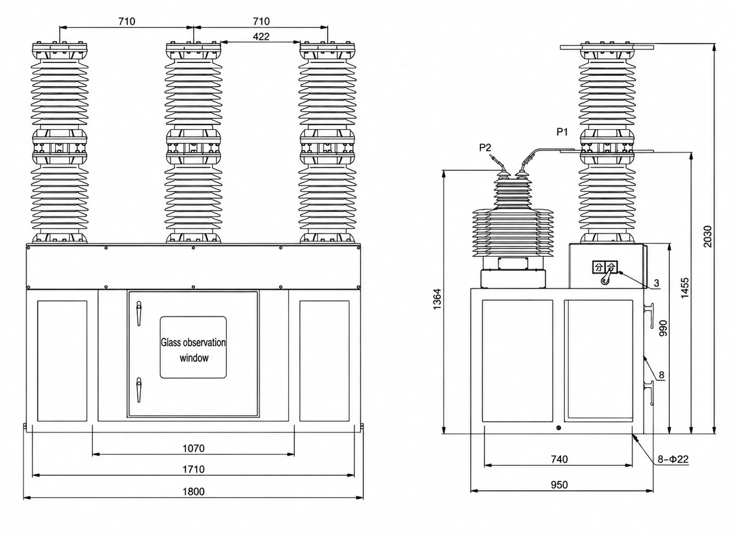 ZW7-40.5F(M) Outdoor High Voltage Intelligent (Permanent Magnet) Vacuum Circuit Breaker dimension